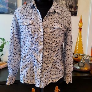 LIZ CLAIBORNE White Blue Leaf Cotton TOP Shirt M